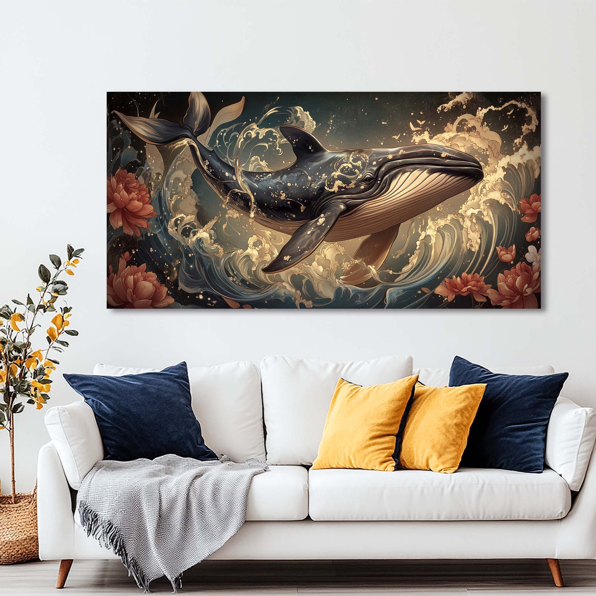 Navy Blue Floral Nature Wall Art Modern Canvas Painting Prints Artwork Office Hallway Bedroom Living Room Decor