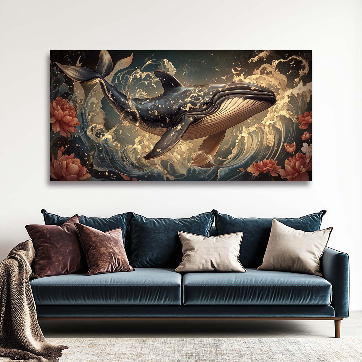 Navy Blue Floral Nature Wall Art Modern Canvas Painting Prints Artwork Office Hallway Bedroom Living Room Decor