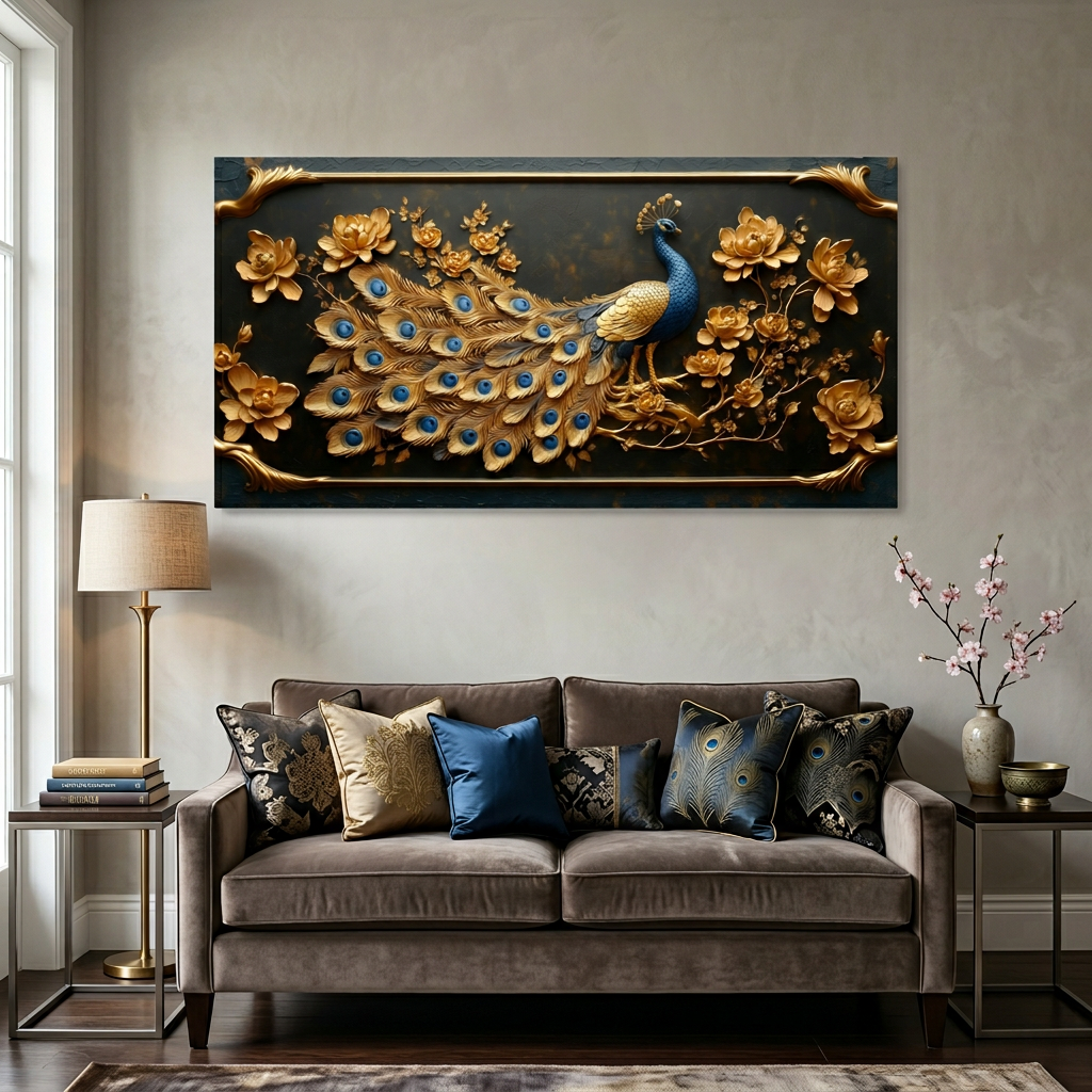Metallic Gold Art Deco Peacock Floral Embossed Wall Art Art Deco Painting Prints Canvas Artwork Living Room Family Bedroom Office Decor