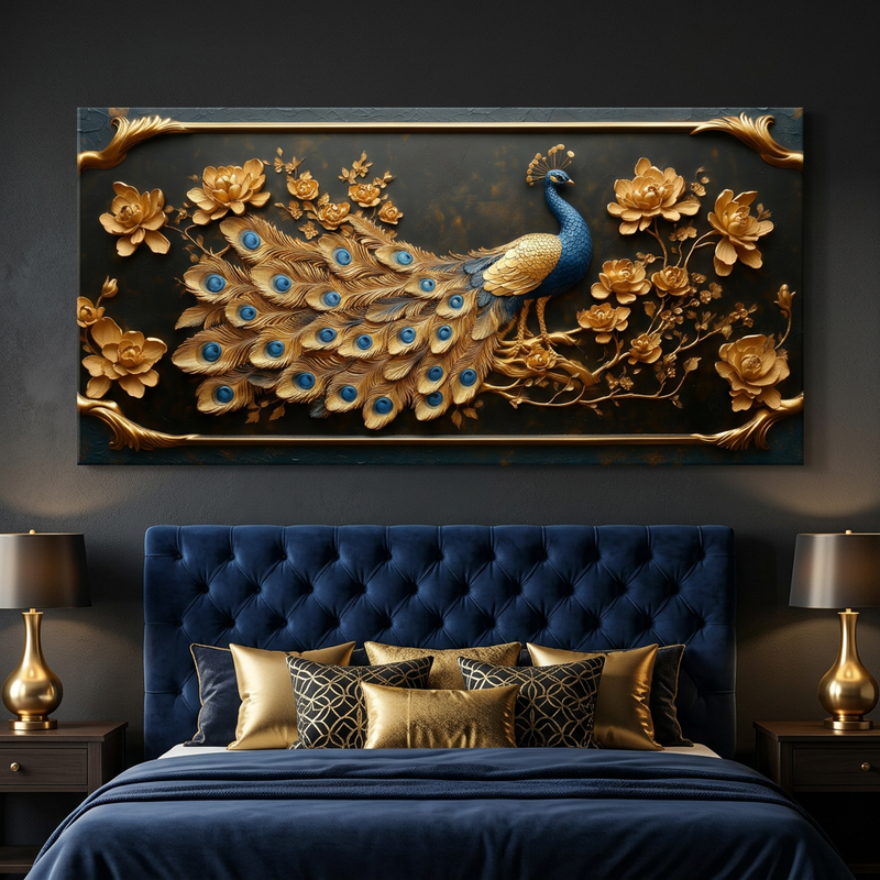 Metallic Gold Art Deco Peacock Floral Embossed Wall Art Art Deco Painting Prints Canvas Artwork Living Room Family Bedroom Office Decor