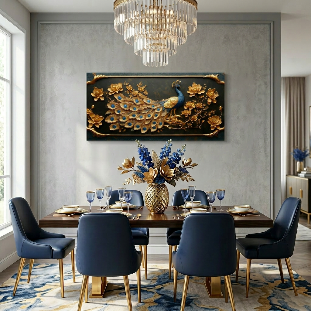 Metallic Gold Art Deco Peacock Floral Embossed Wall Art Art Deco Painting Prints Canvas Artwork Living Room Family Bedroom Office Decor
