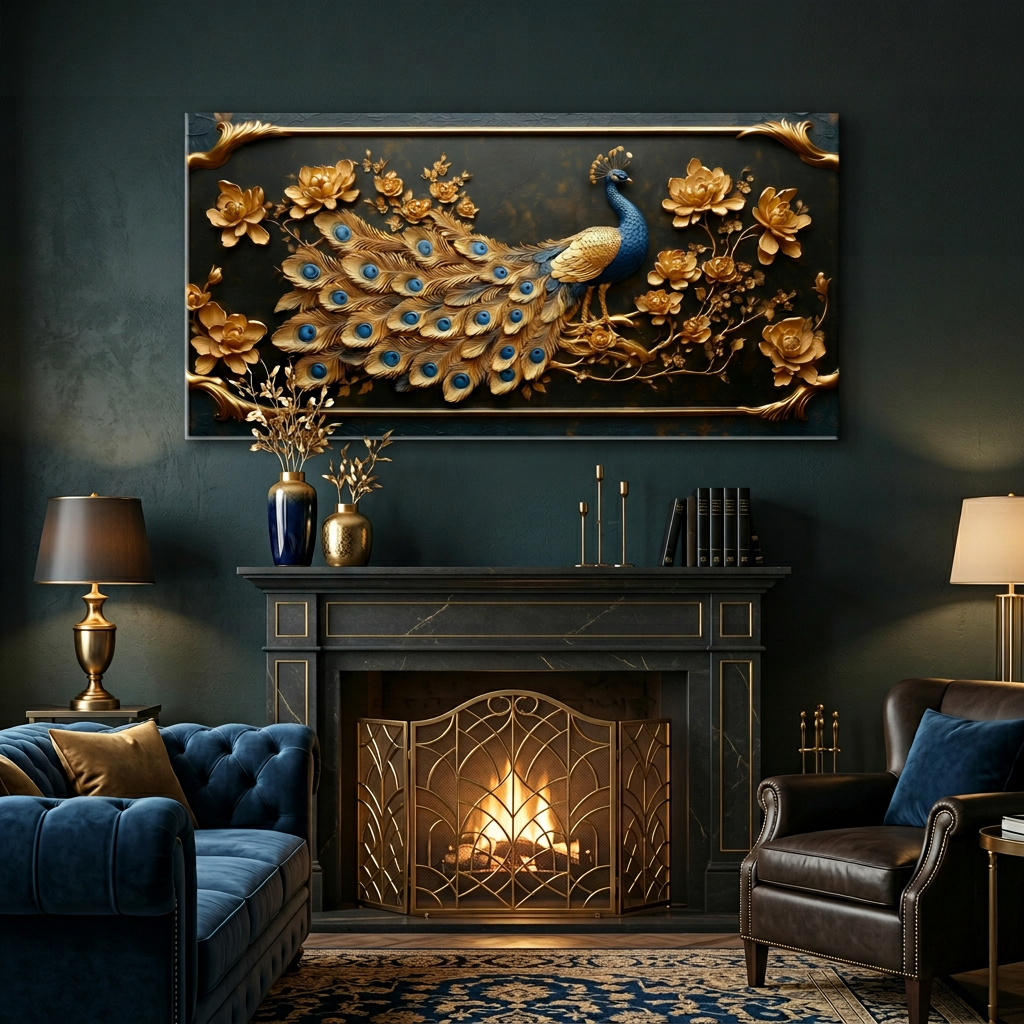 Metallic Gold Art Deco Peacock Floral Embossed Wall Art Art Deco Painting Prints Canvas Artwork Living Room Family Bedroom Office Decor