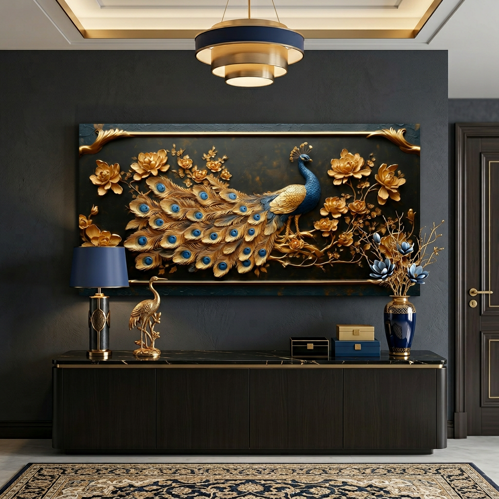 Metallic Gold Art Deco Peacock Floral Embossed Wall Art Art Deco Painting Prints Canvas Artwork Living Room Family Bedroom Office Decor