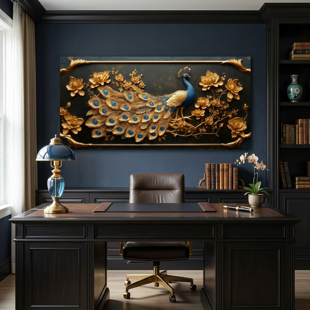Metallic Gold Art Deco Peacock Floral Embossed Wall Art Art Deco Painting Prints Canvas Artwork Living Room Family Bedroom Office Decor
