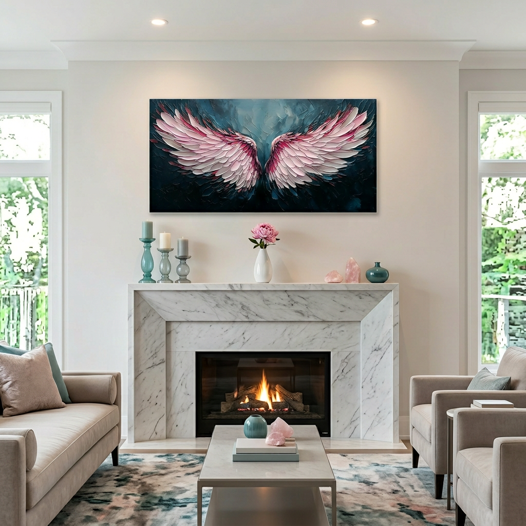 Blush Pink Gradient Angel Wings Impasto Canvas Wall Art Modern Abstract Painting for Home Office Decor