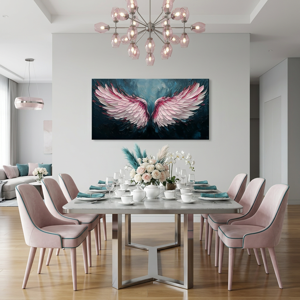 Blush Pink Gradient Angel Wings Impasto Canvas Wall Art Modern Abstract Painting for Home Office Decor