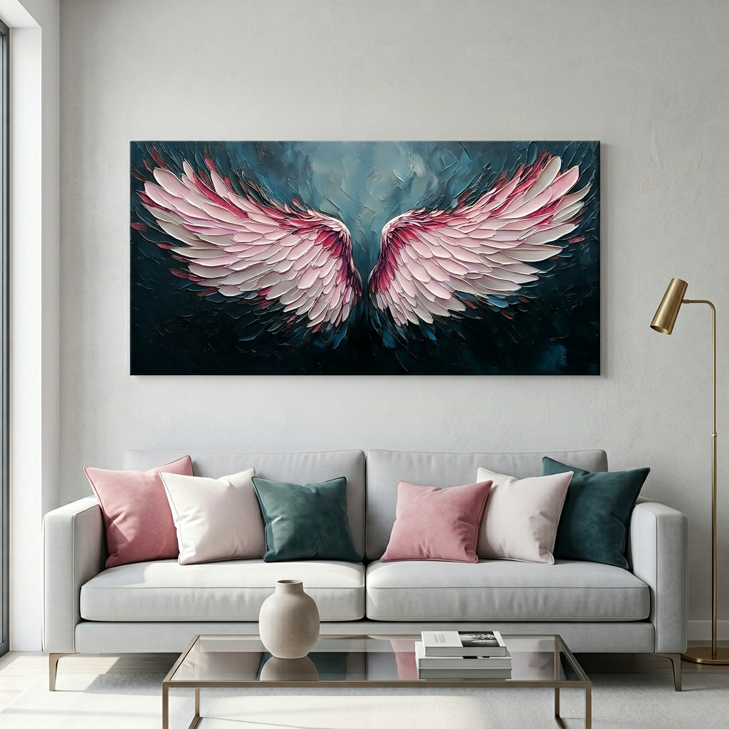 Blush Pink Gradient Angel Wings Impasto Canvas Wall Art Modern Abstract Painting for Home Office Decor