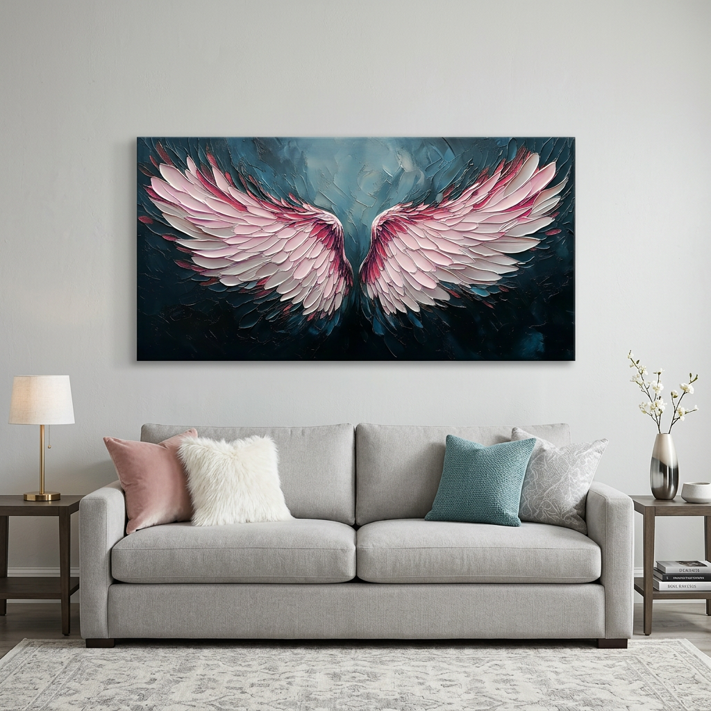 Blush Pink Gradient Angel Wings Impasto Canvas Wall Art Modern Abstract Painting for Home Office Decor