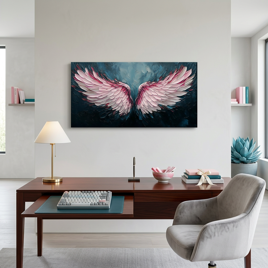 Blush Pink Gradient Angel Wings Impasto Canvas Wall Art Modern Abstract Painting for Home Office Decor