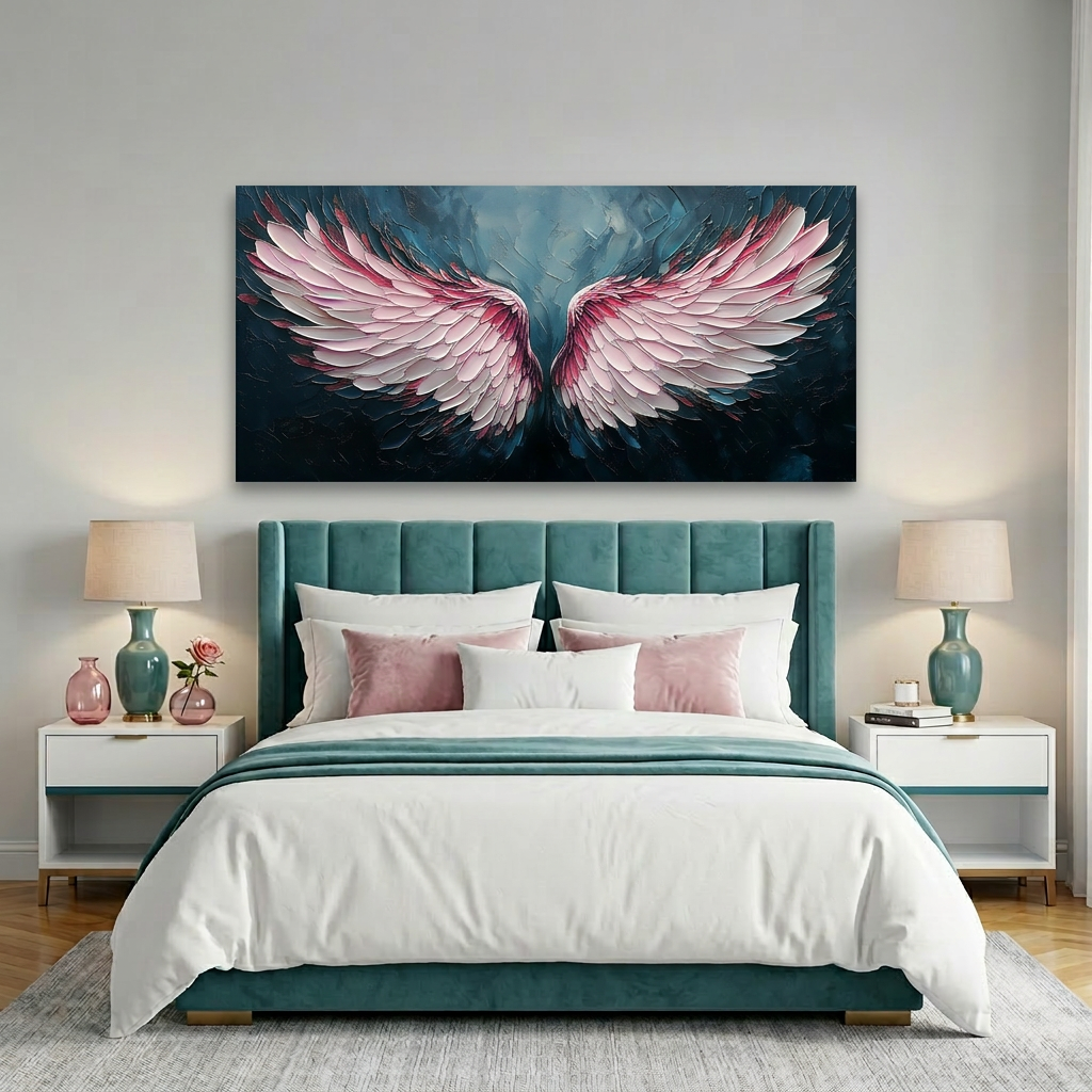 Blush Pink Gradient Angel Wings Impasto Canvas Wall Art Modern Abstract Painting for Home Office Decor