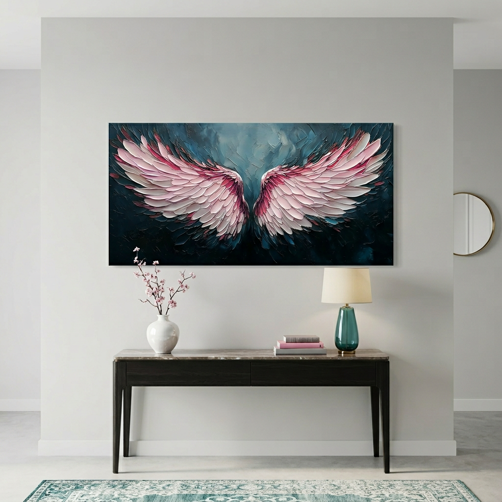 Blush Pink Gradient Angel Wings Impasto Canvas Wall Art Modern Abstract Painting for Home Office Decor
