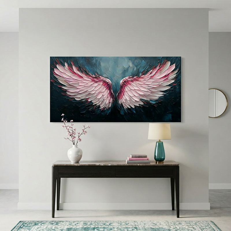 Blush Pink Gradient Angel Wings Impasto Canvas Wall Art Modern Abstract Painting for Home Office Decor