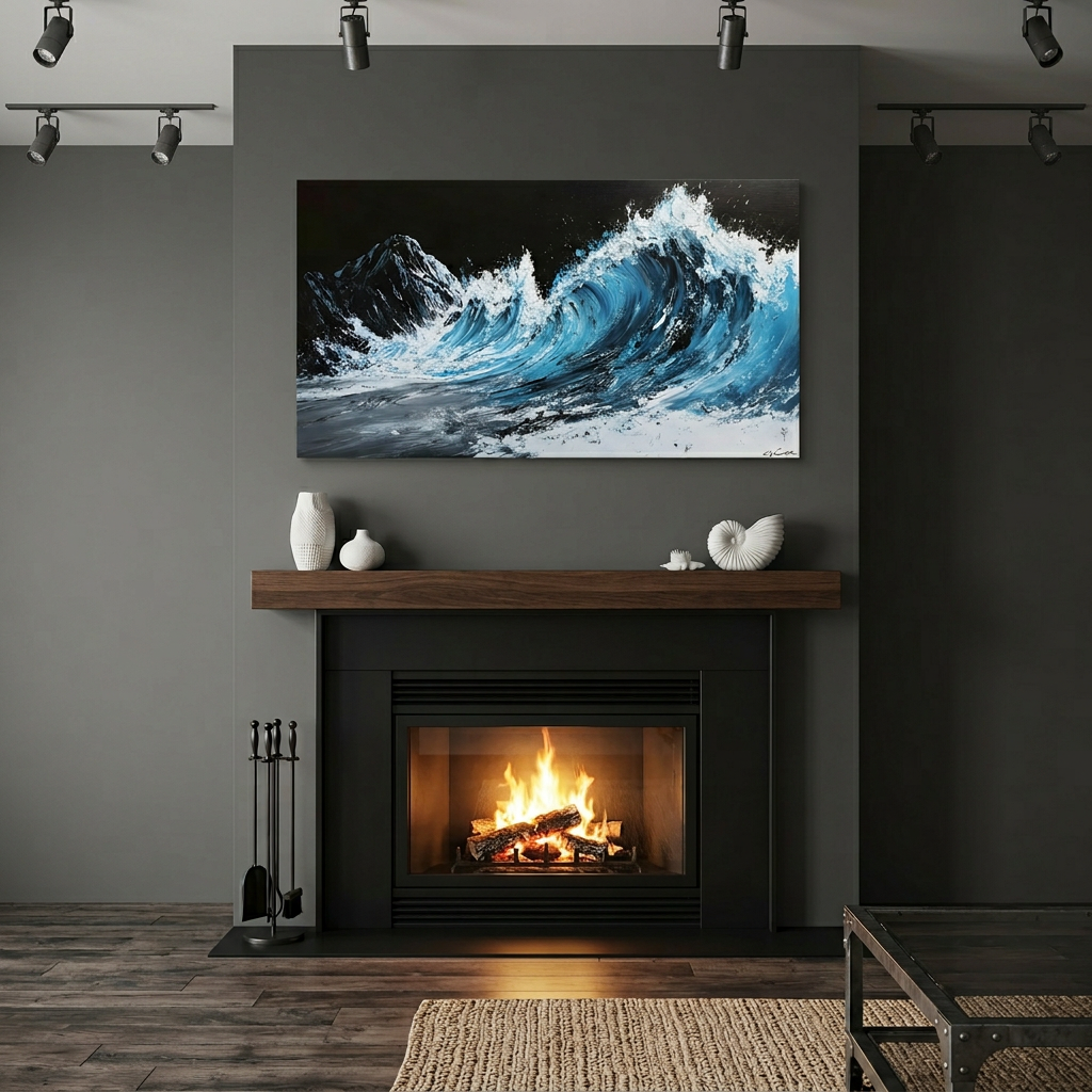 Teal Blue Impasto Ocean Wave Textured Oil Painting Wall Art for Living Room Bedroom Office Decor