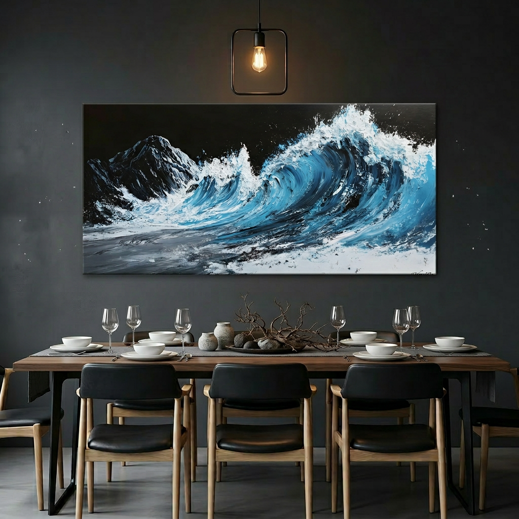 Teal Blue Impasto Ocean Wave Textured Oil Painting Wall Art for Living Room Bedroom Office Decor