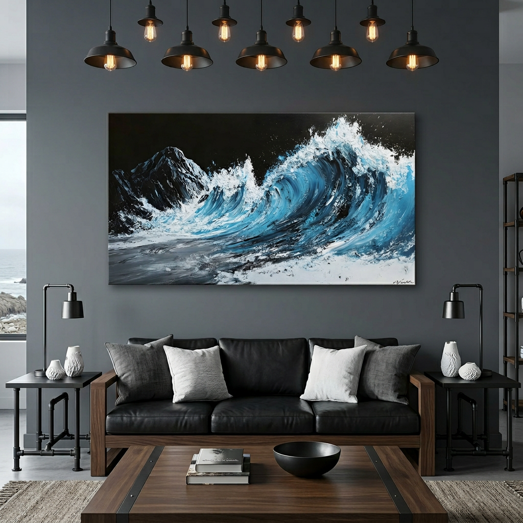 Teal Blue Impasto Ocean Wave Textured Oil Painting Wall Art for Living Room Bedroom Office Decor