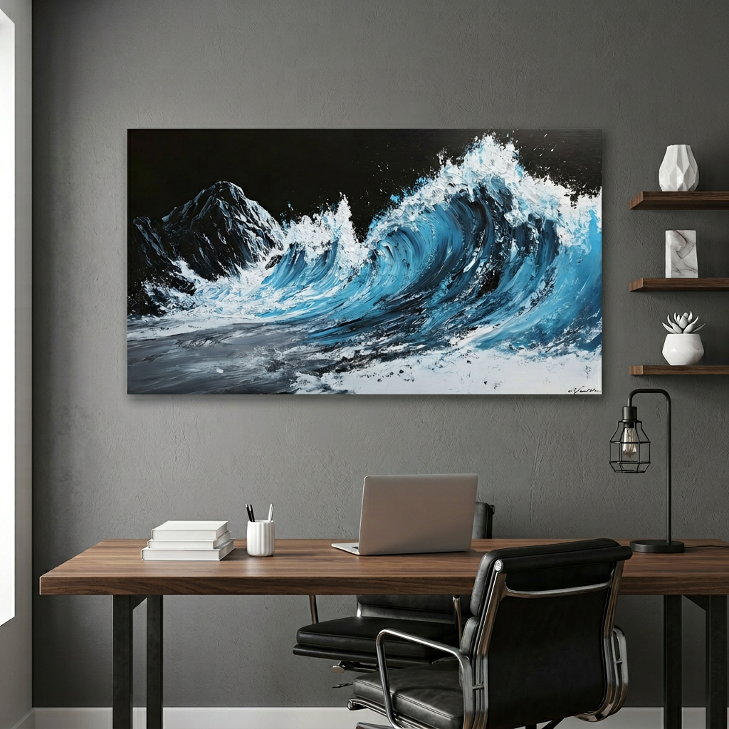 Teal Blue Impasto Ocean Wave Textured Oil Painting Wall Art for Living Room Bedroom Office Decor