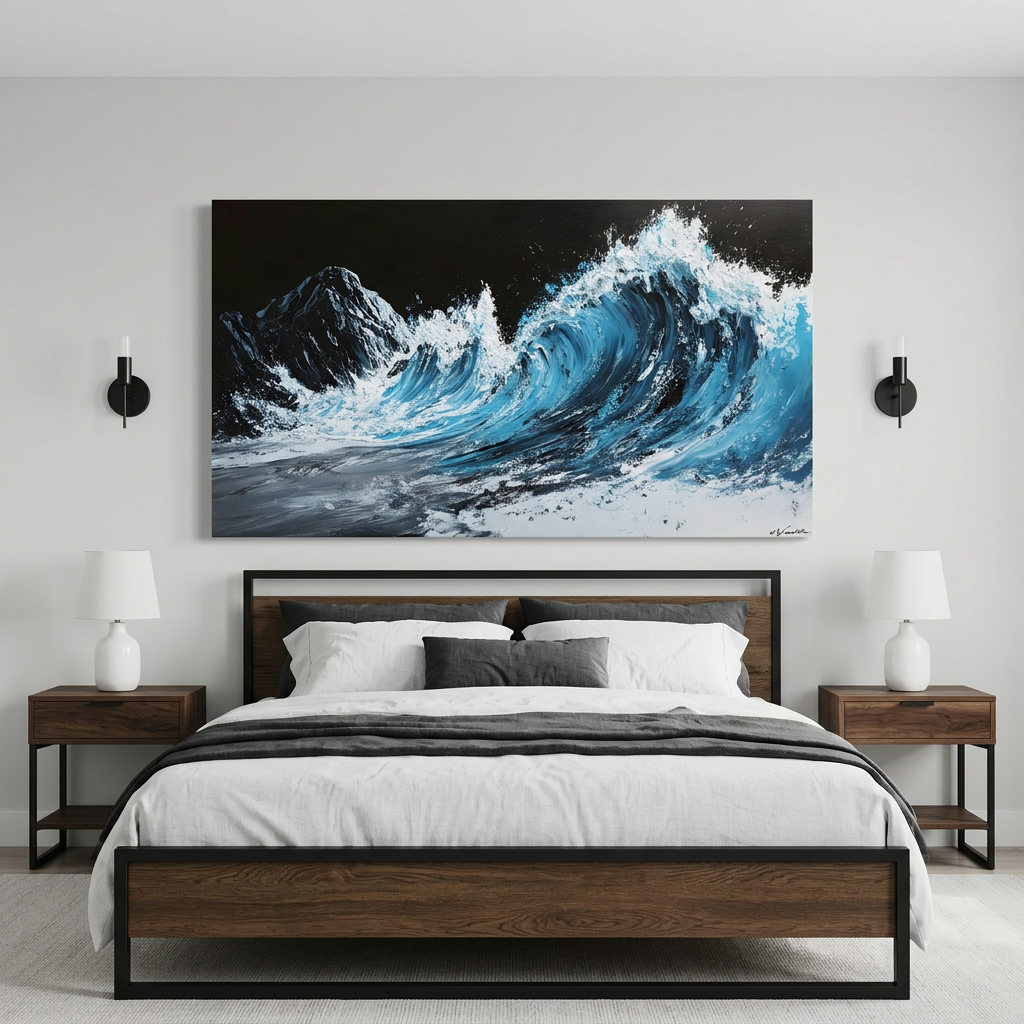 Teal Blue Impasto Ocean Wave Textured Oil Painting Wall Art for Living Room Bedroom Office Decor
