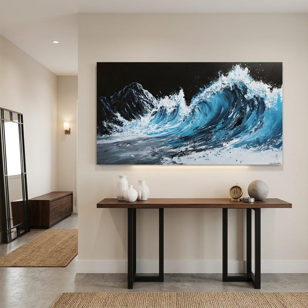 Teal Blue Impasto Ocean Wave Textured Oil Painting Wall Art for Living Room Bedroom Office Decor