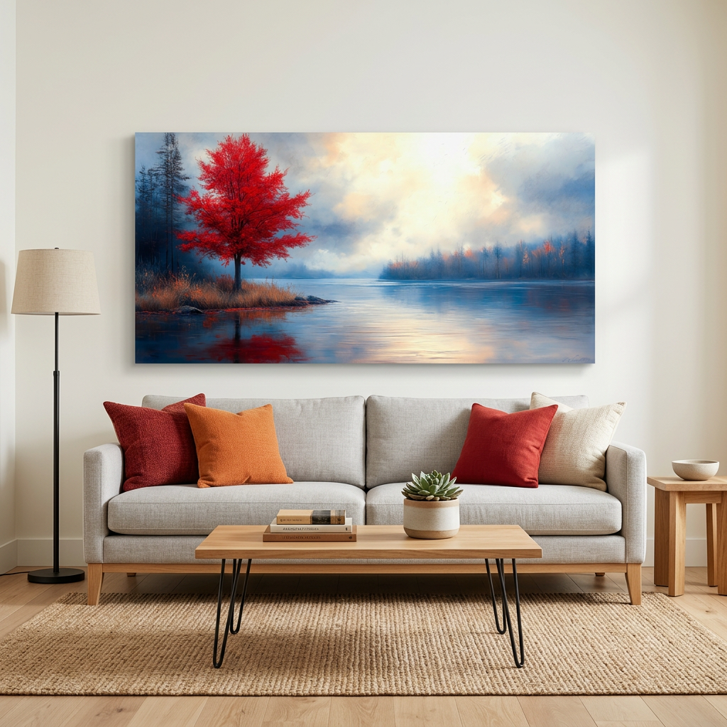 Crimson Red Impressionist Oil Painting Lakeside Red Tree Landscape Canvas Wall Art for Living Room Prints Artwork Bedroom Office Decor