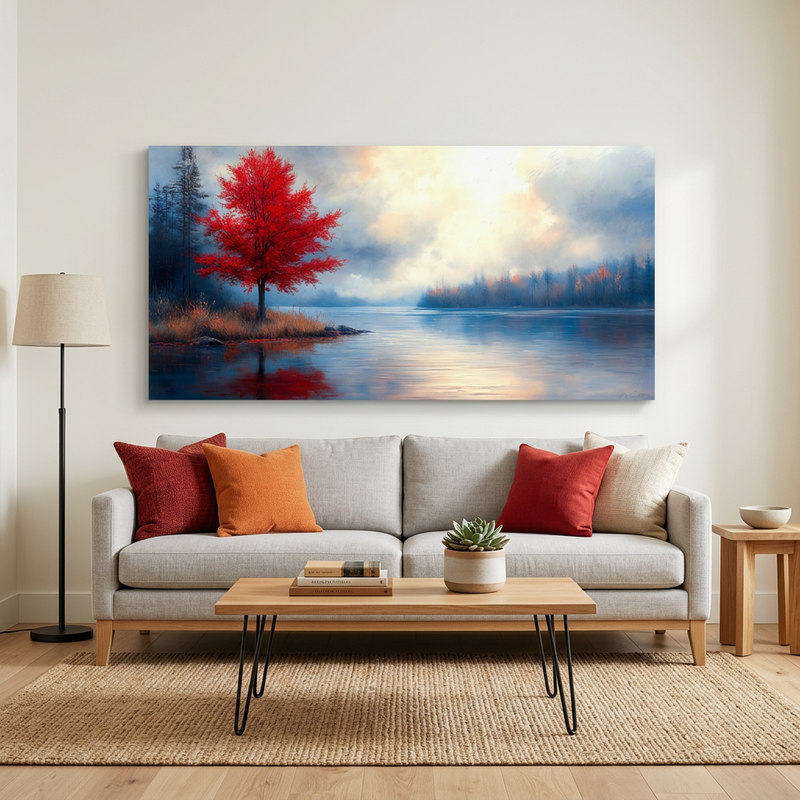 Crimson Red Impressionist Oil Painting Lakeside Red Tree Landscape Canvas Wall Art for Living Room Prints Artwork Bedroom Office Decor
