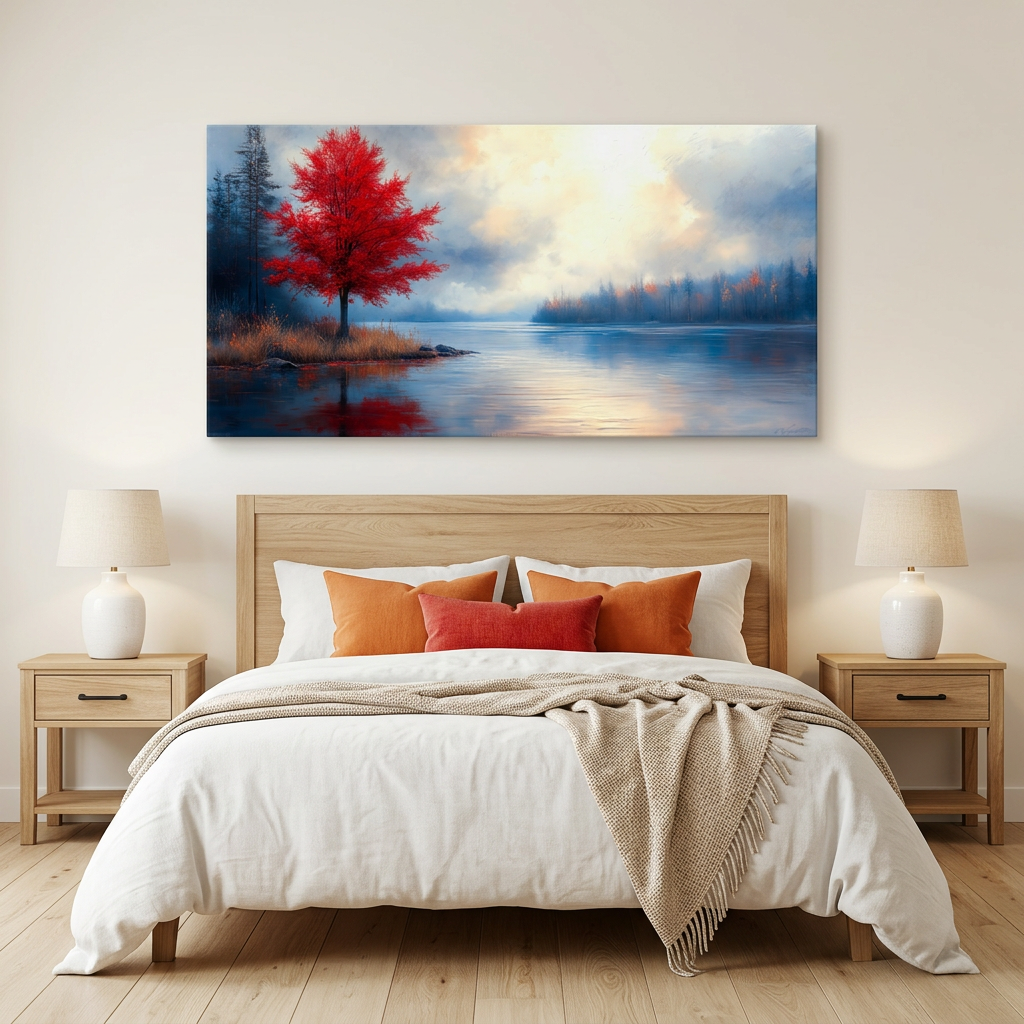 Crimson Red Impressionist Oil Painting Lakeside Red Tree Landscape Canvas Wall Art for Living Room Prints Artwork Bedroom Office Decor