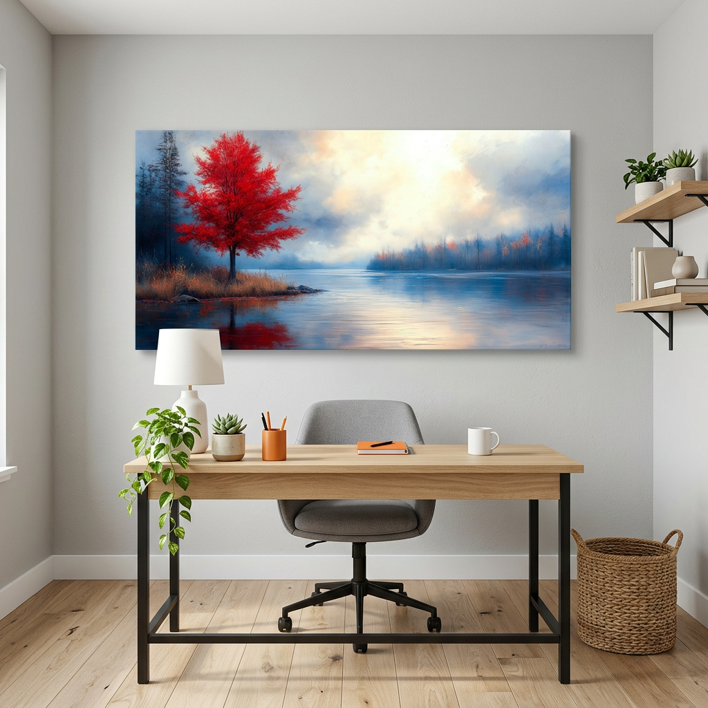 Crimson Red Impressionist Oil Painting Lakeside Red Tree Landscape Canvas Wall Art for Living Room Prints Artwork Bedroom Office Decor