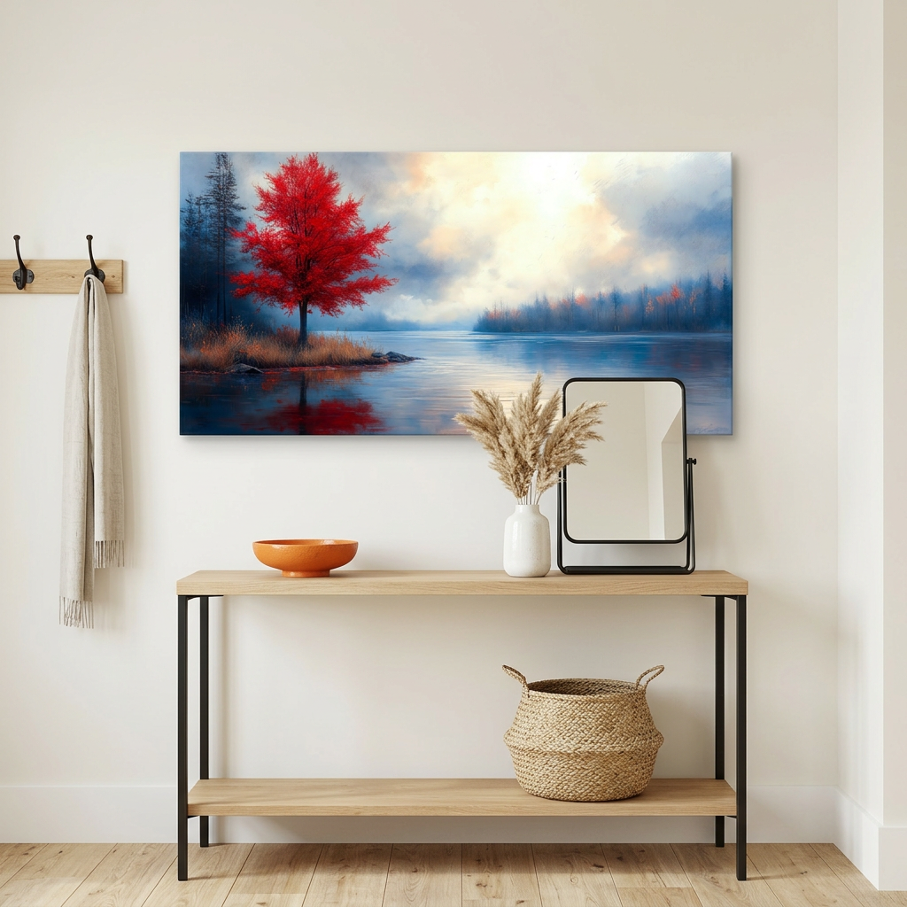 Crimson Red Impressionist Oil Painting Lakeside Red Tree Landscape Canvas Wall Art for Living Room Prints Artwork Bedroom Office Decor