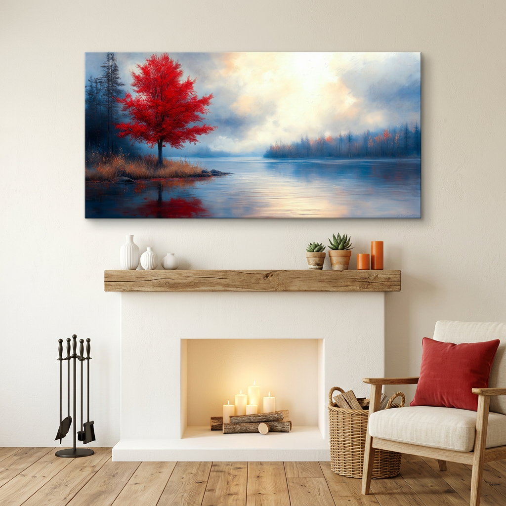 Crimson Red Impressionist Oil Painting Lakeside Red Tree Landscape Canvas Wall Art for Living Room Prints Artwork Bedroom Office Decor