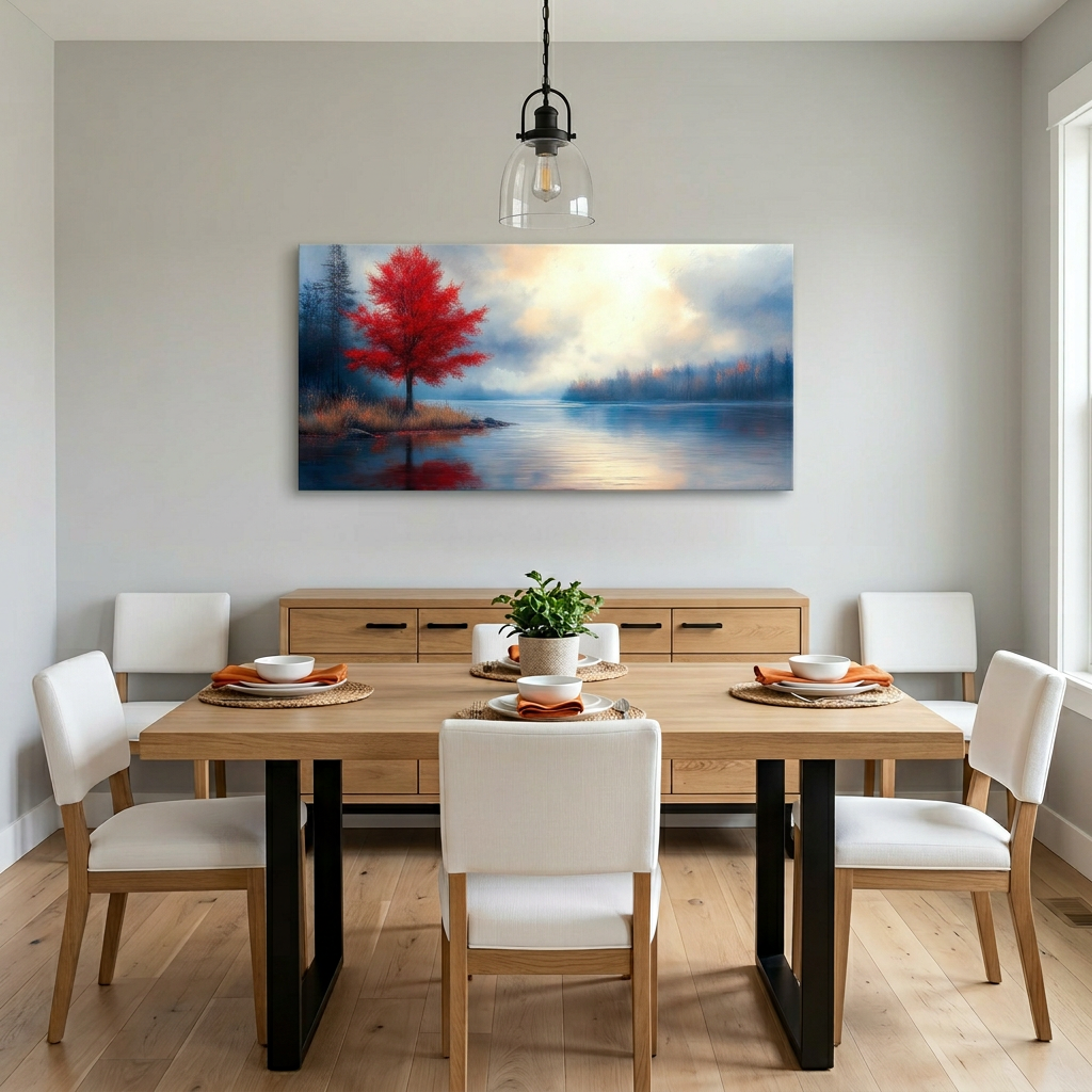 Crimson Red Impressionist Oil Painting Lakeside Red Tree Landscape Canvas Wall Art for Living Room Prints Artwork Bedroom Office Decor