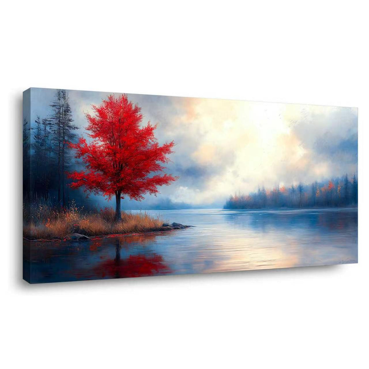 Crimson Red Impressionist Oil Painting Lakeside Red Tree Landscape Canvas Wall Art for Living Room Prints Artwork Bedroom Office Decor