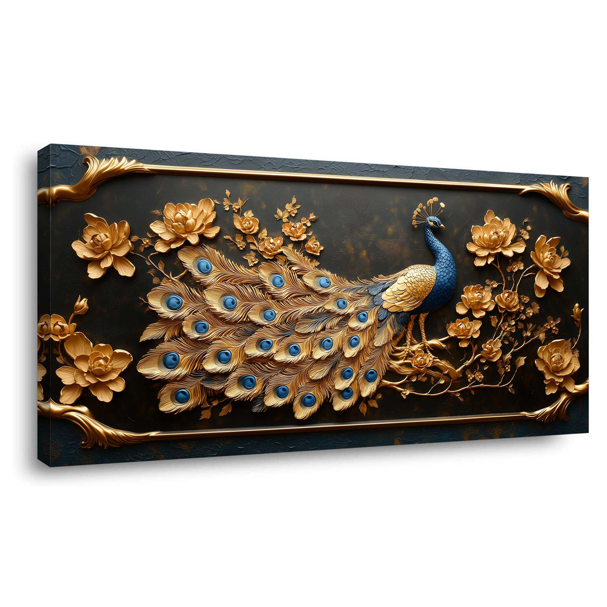Metallic Gold Art Deco Peacock Floral Embossed Wall Art Art Deco Painting Prints Canvas Artwork Living Room Family Bedroom Office Decor